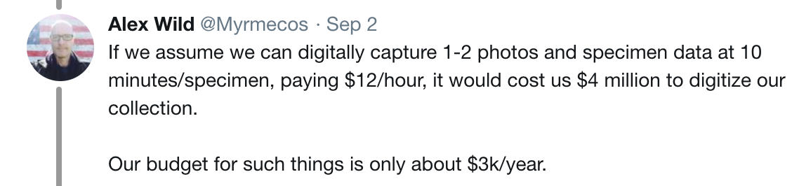 Tweet by Alex Wild, Sept 2 2018 on the cost of digitization