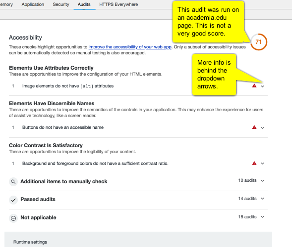 Results of an accessibility audit via Chrome